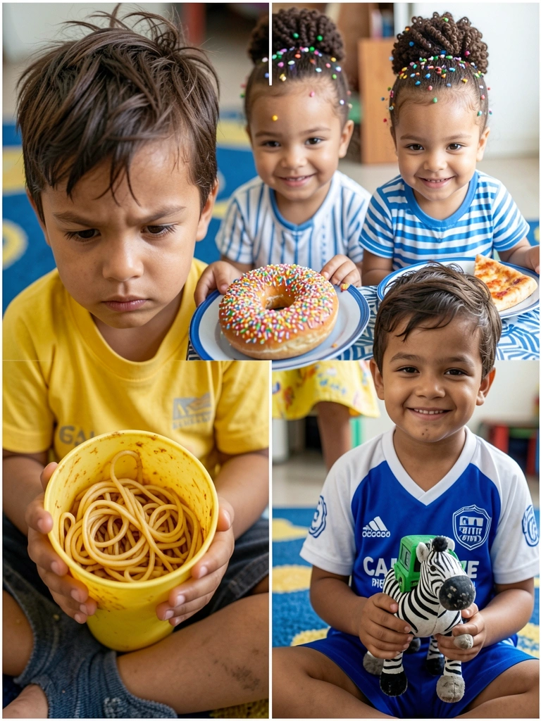 Cabelo com uma bola de futebol de isopor pintada no topo.