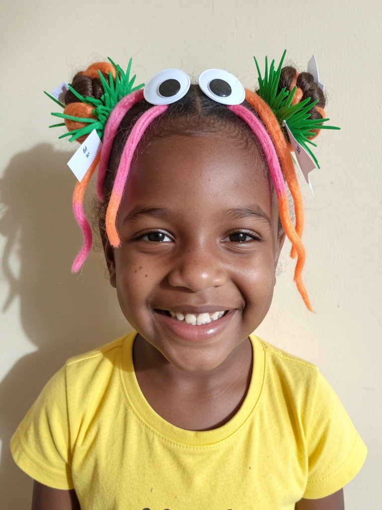 Cabelo de menino enfeitado com grama verde de EVA e bandeirinhas de papel coloridas.