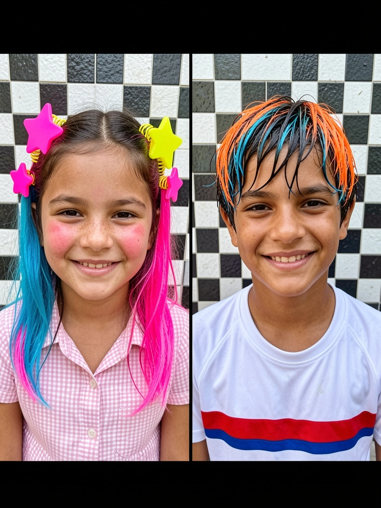 Cabelo curto infantil com miniaturas de carrinhos presas por grampos.