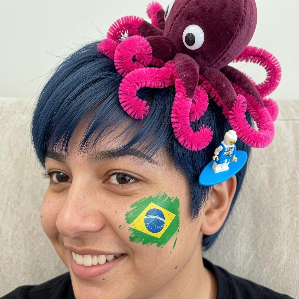 Menino com cabelo curto pintado com estêncil da bandeira do Brasil.