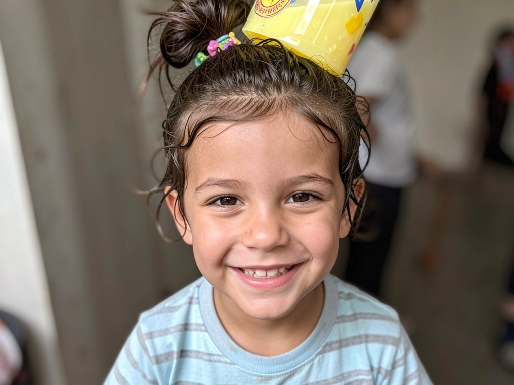Menino com cabelo longo preso em coque alto adornado com enfeites coloridos.