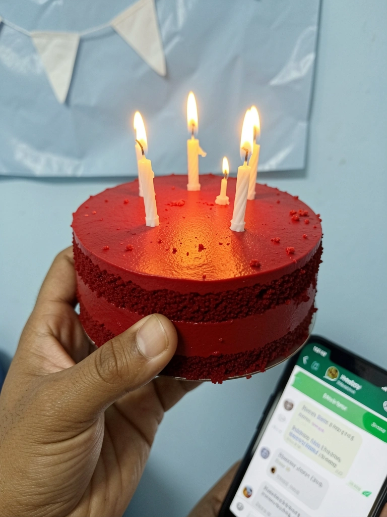 Smartphone exibindo tela do WhatsApp com mensagem de parabéns, balões de festa ao fundo.