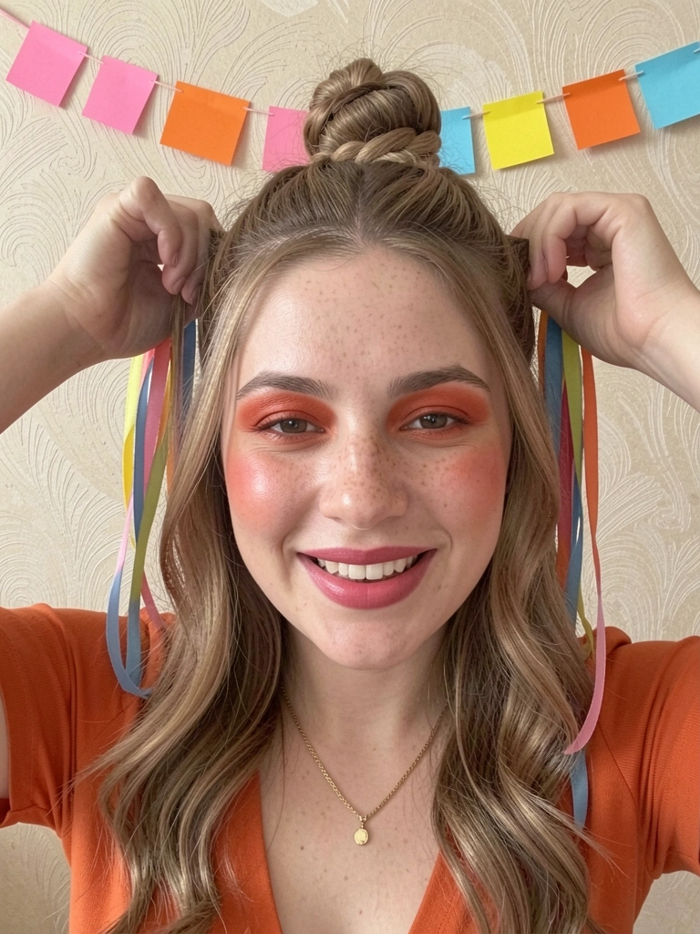 Mãos separando cabelo em duas partes para fazer maria-chiquinha, com fitas coloridas ao lado.
