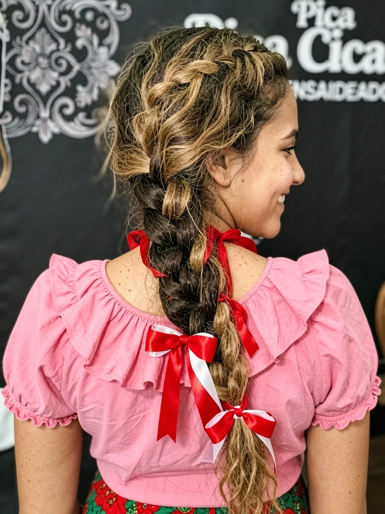 Trança lateral finalizada com laço de cetim vermelho e branco.