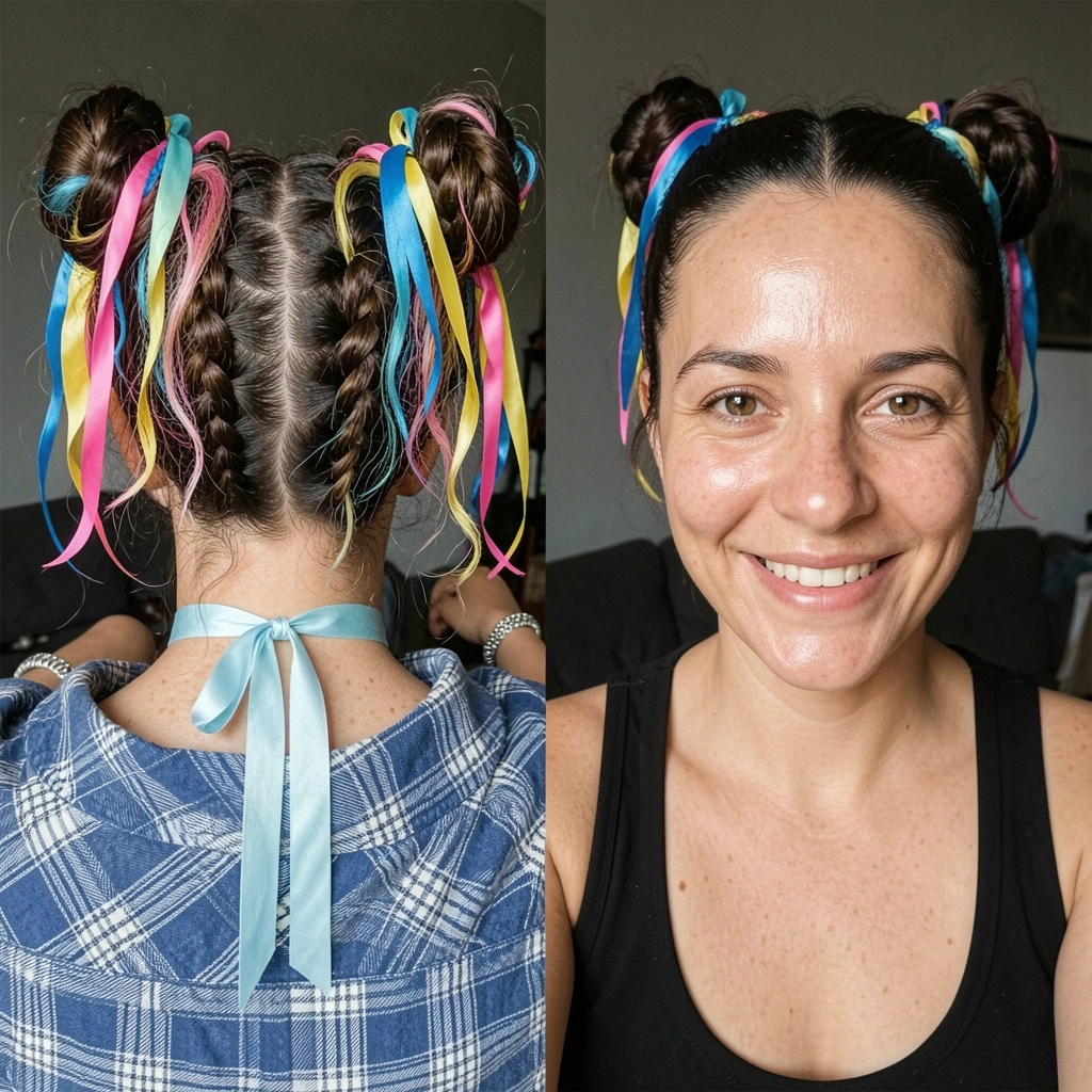 Duas pessoas de costas com coques altos adornados por fitas coloridas entrelaçadas.