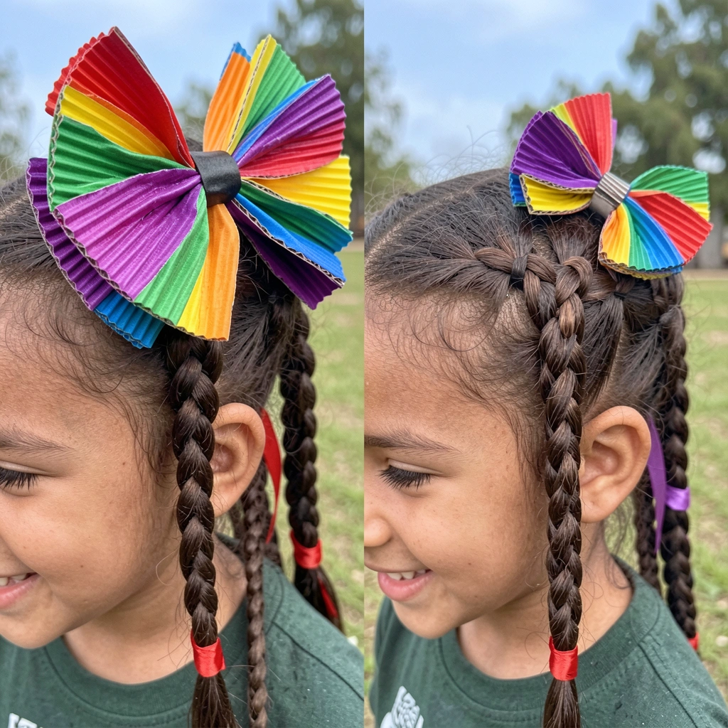 Mulher com cabelo semi-preso e fita de cetim entrelaçada nas mechas, sorrindo.