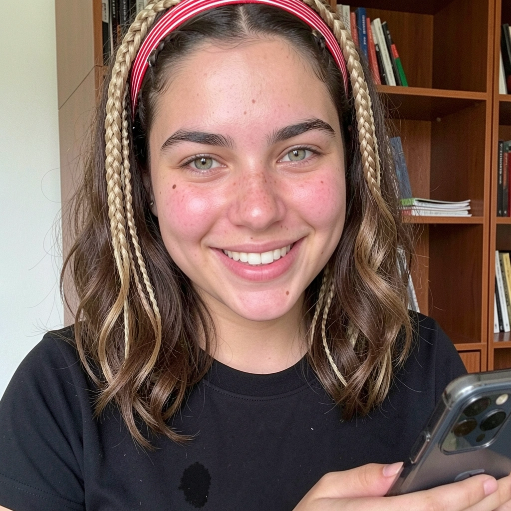 Cabelo curto com tiara de fitas e presilhas de milho, sorriso aberto