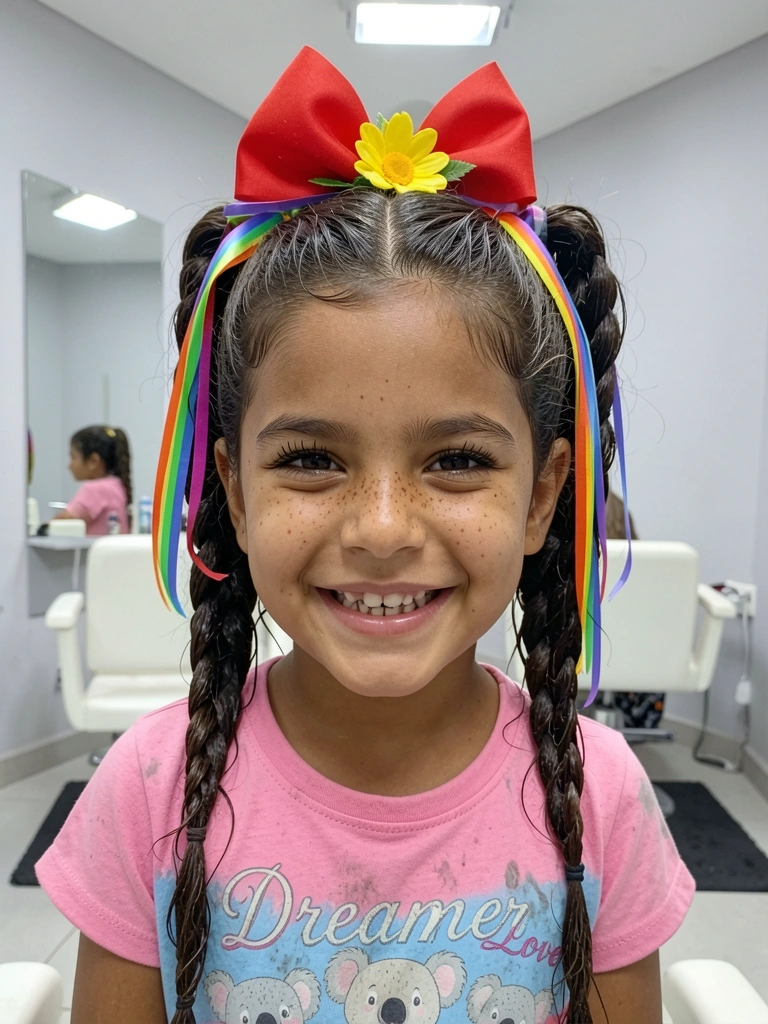 Fitas coloridas, laços e presilhas de bandeirinha e espiga sobre uma mesa de madeira clara.