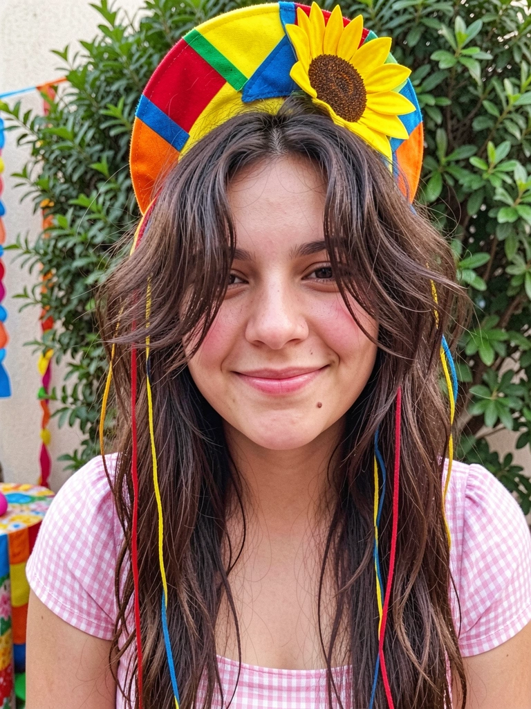 Criança com cabelo preso em maria-chiquinha com laços coloridos, ao fundo bandeirinhas de festa junina.