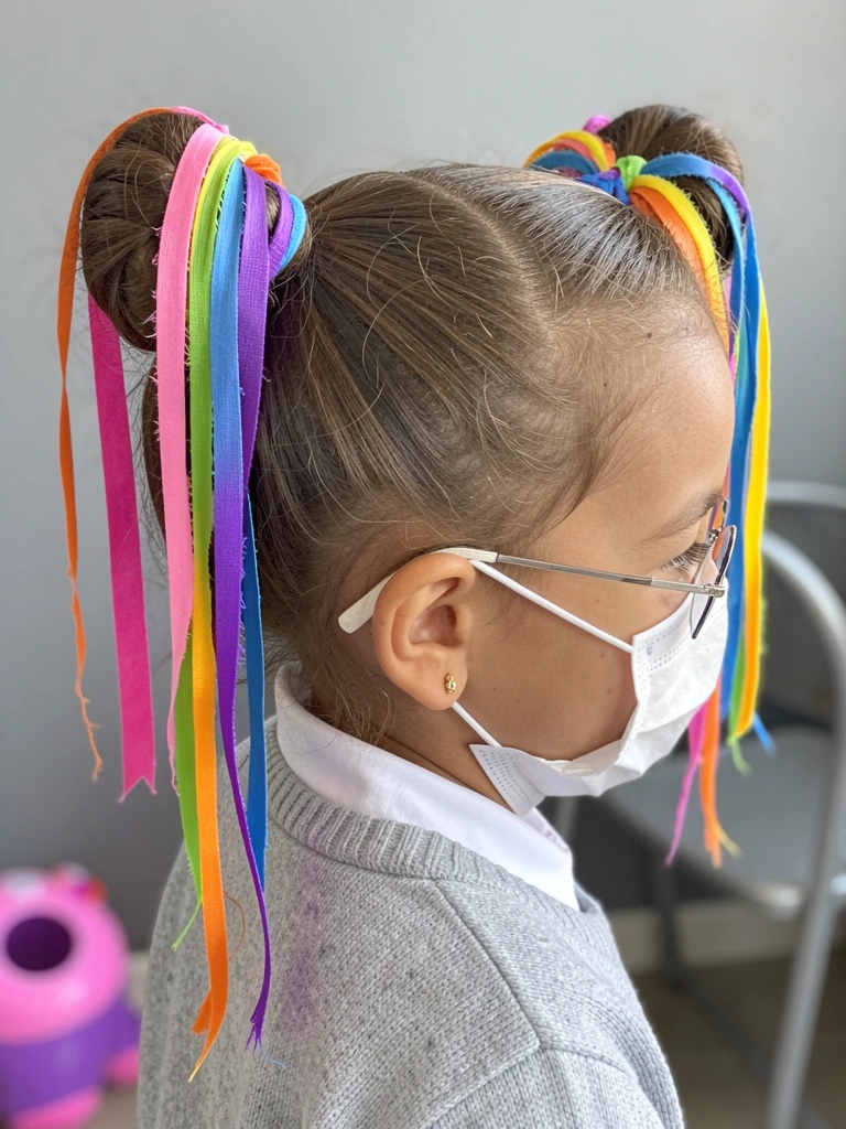Duas pessoas com coques altos, fitas coloridas entrelaçadas nos cabelos, visão traseira.