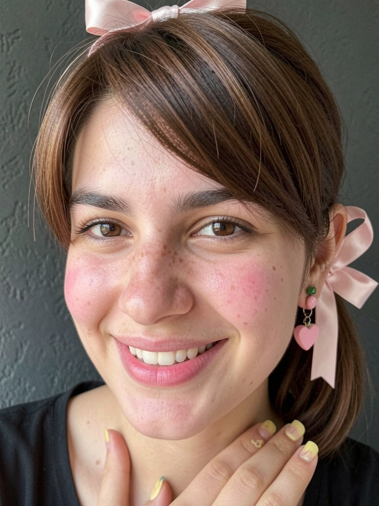 Cabelo semi-preso com fita de cetim entrelaçada nas mechas, sorriso.