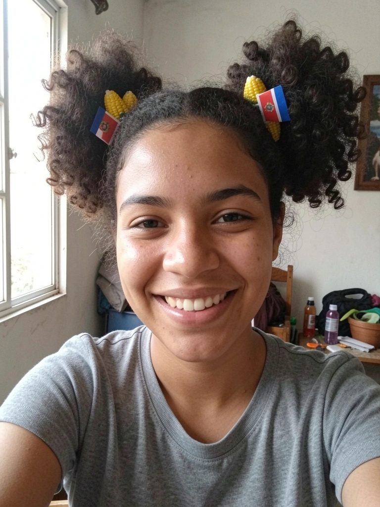Cabelo crespo preso em dois afro puffs com presilhas decorativas de bandeirinhas e milho.