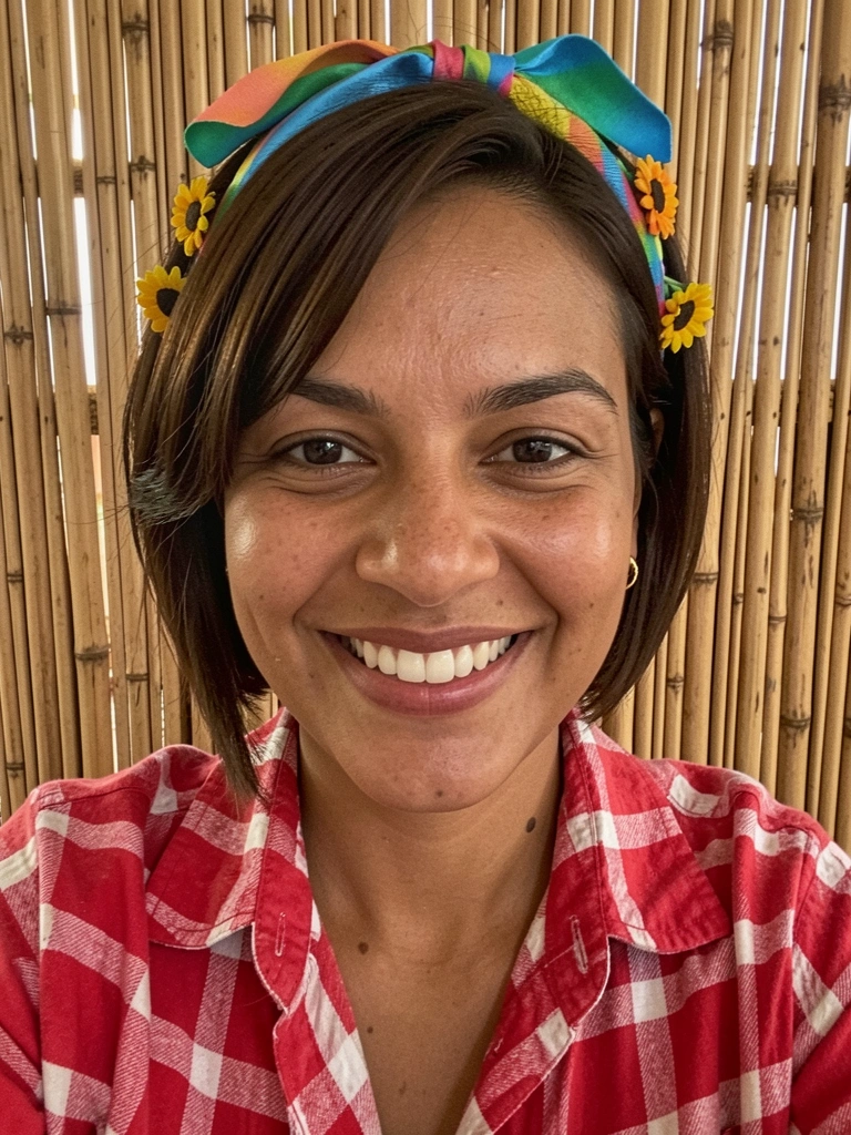 Mulher com cabelo curto, tiara de fitas e presilhas de milho, sorrindo.