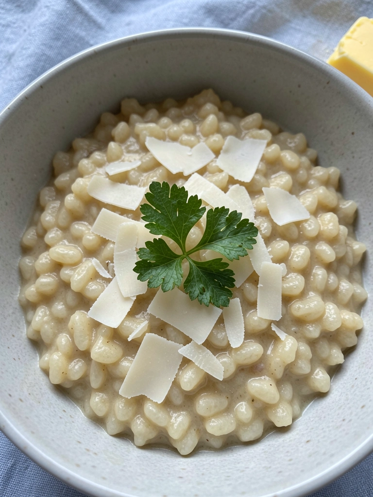Close-up de tigela de arroz cremoso com queijo derretido.