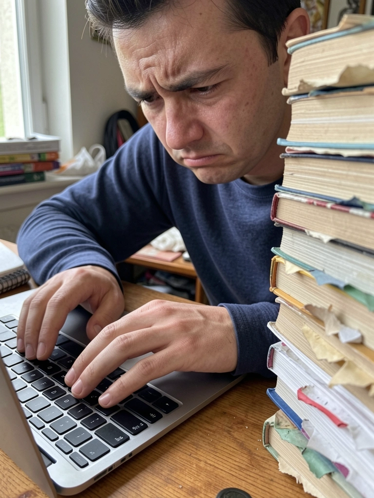 Pessoa digitando em notebook com expressão frustrada, pilha de livros ao lado.