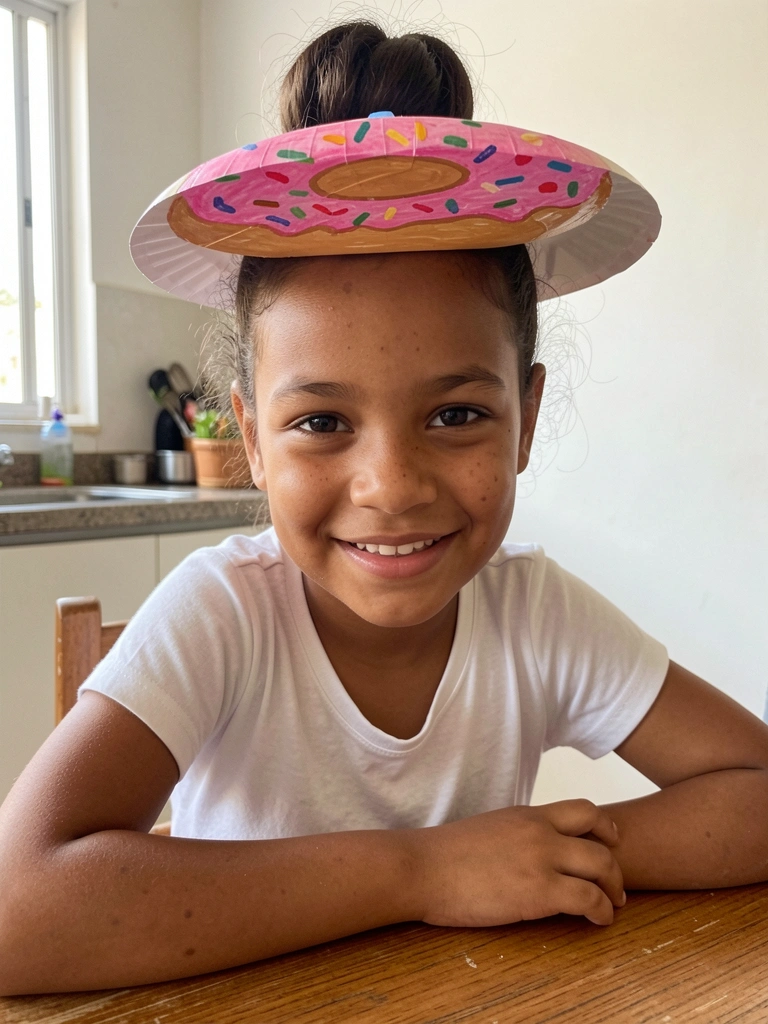 Criança sentada com cabelo preso em coque alto, prato de papel pintado como donut no topo da cabeça.