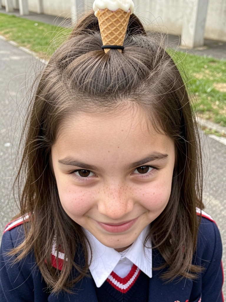 Criança com casquinha de sorvete fixada no coque e cabelo solto ao redor.