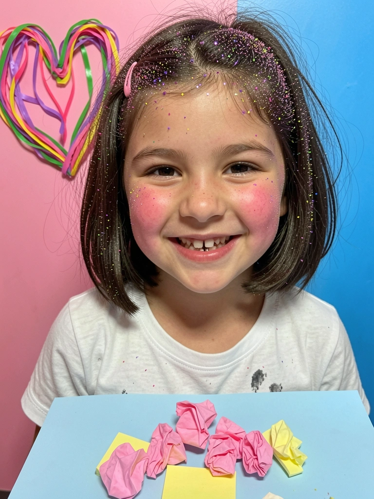 Criança com spray colorido e glitter biodegradável espalhado nos cabelos.