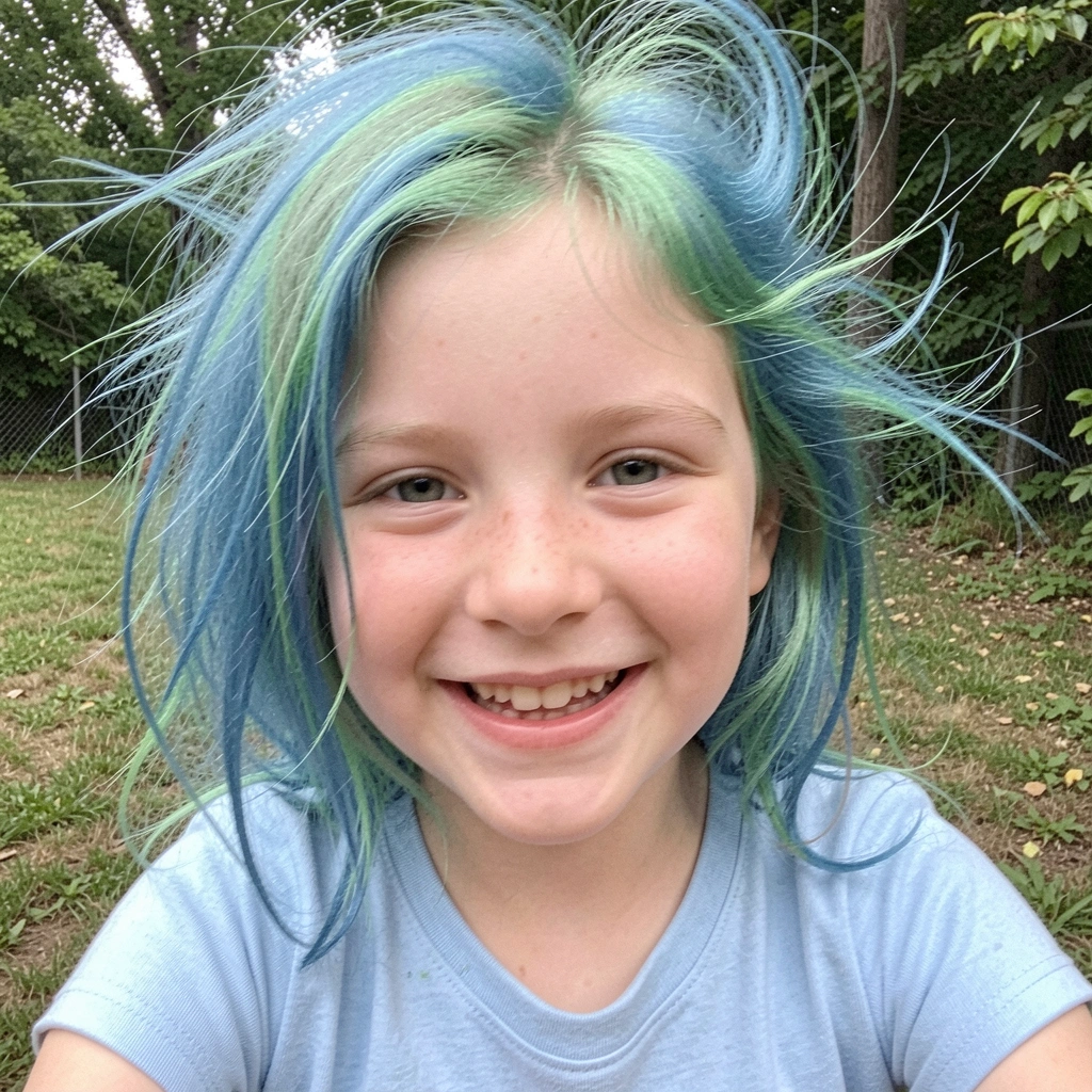 Criança sorrindo com cabelo pintado de azul e verde com spray temporário.