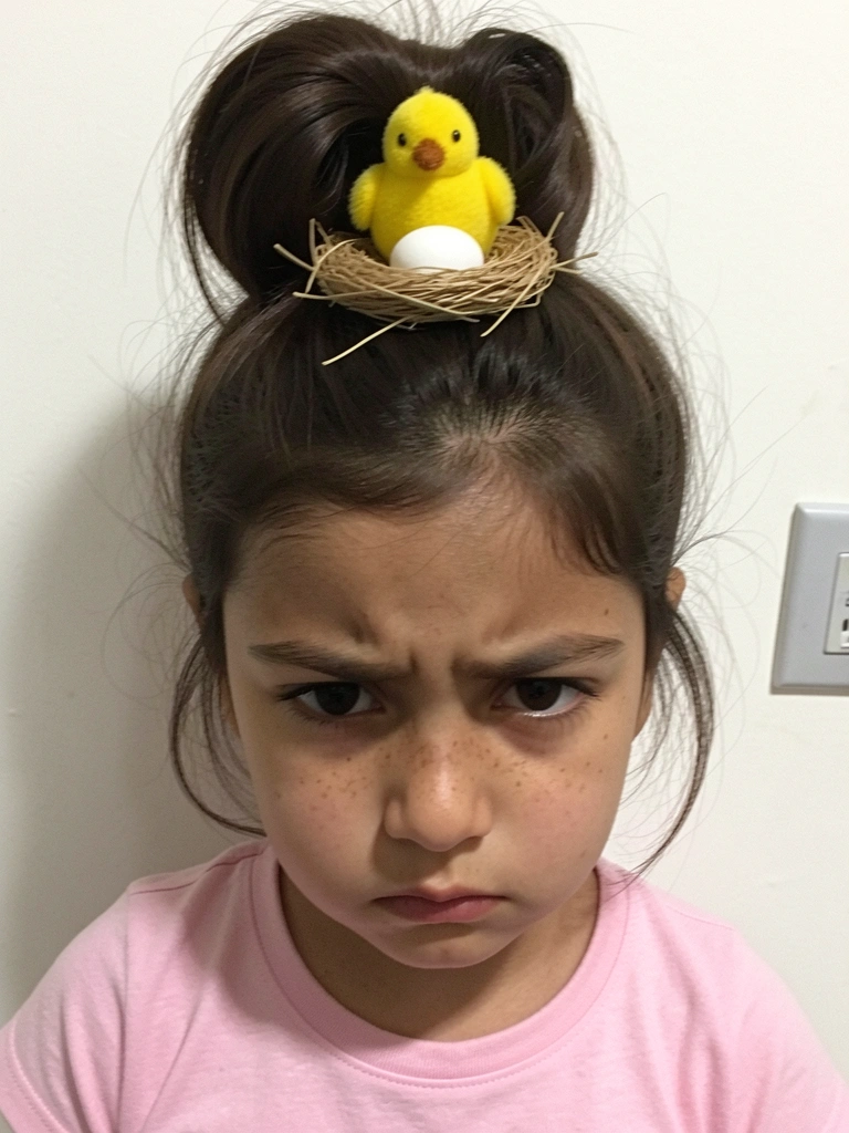 Criança com cabelo solto usando um rolo de papel higiênico pintado como tiara na cabeça.