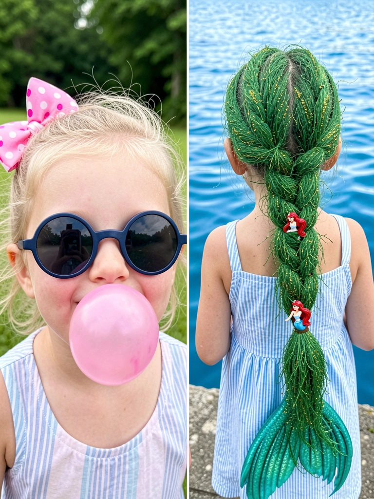 Tampinhas coloridas presas com grampos no cabelo de uma criança.