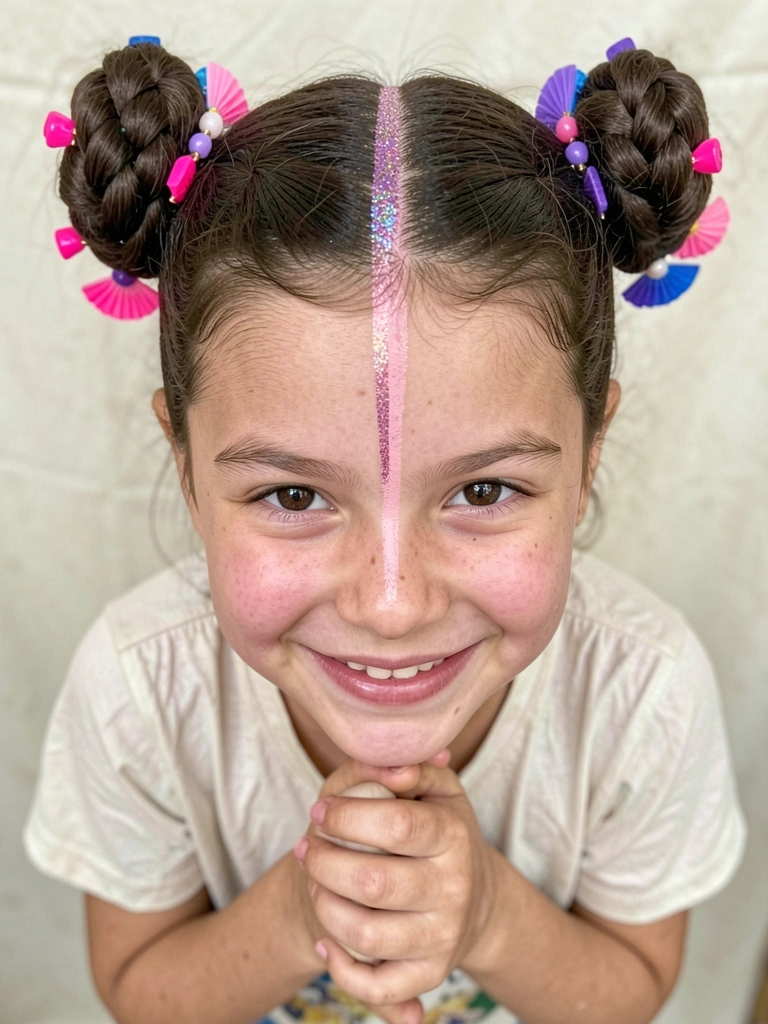 Criança com balas coloridas presas nos cabelos usando grampos.
