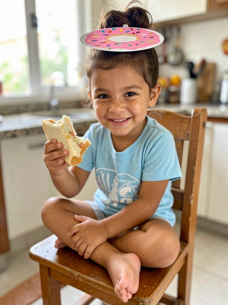 Criança sentada com cabelo preso em coque alto e prato de papel pintado como donut no topo.