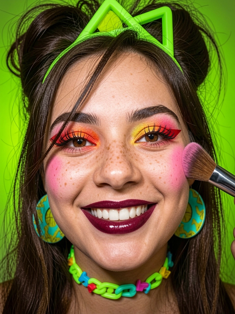 Close-up de bochecha com blush rosa intenso e pincel aplicando o produto.