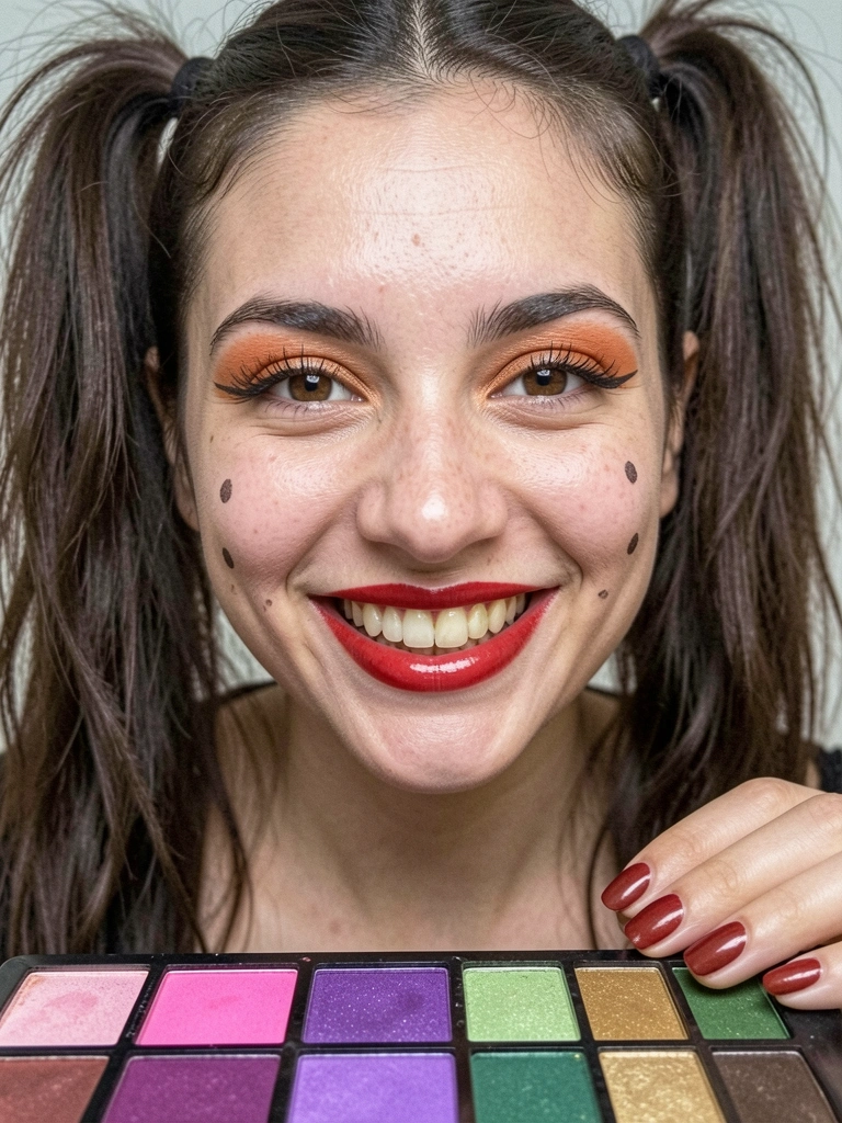 Paleta de sombras abertas com tons rosa, roxo, verde e dourado.
