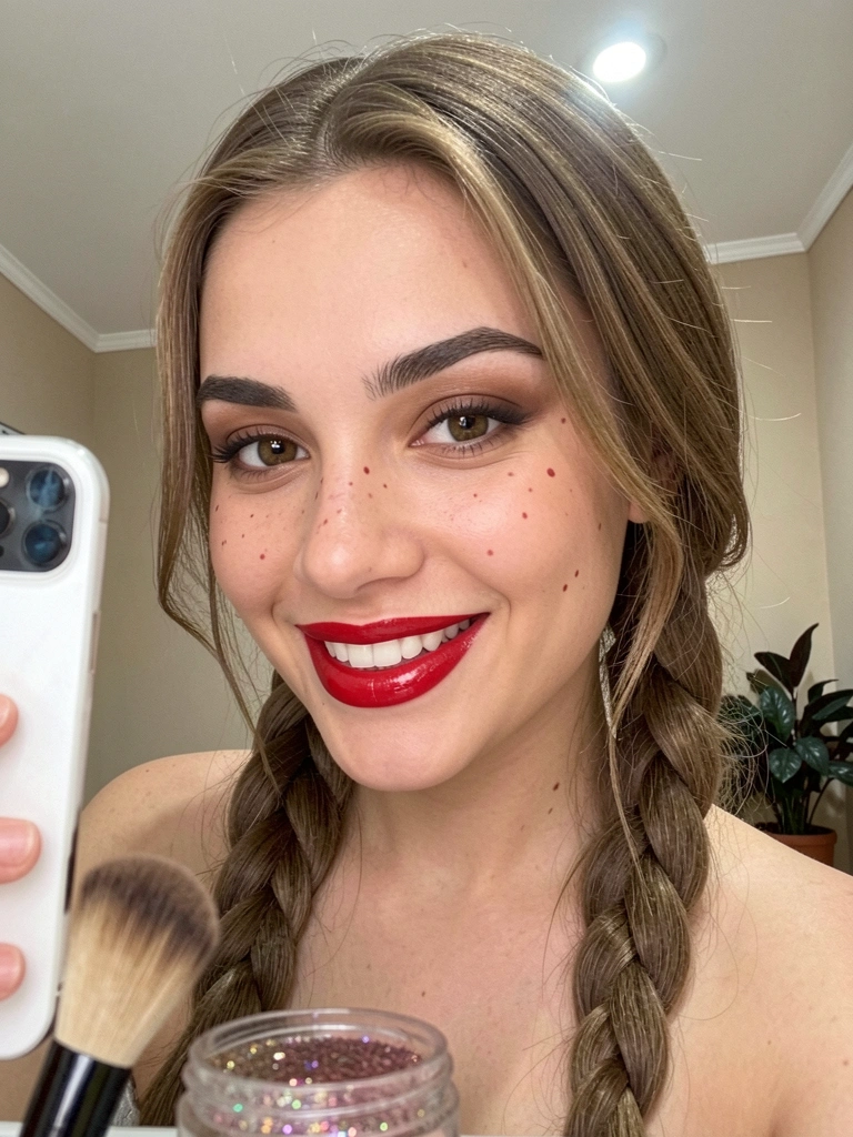 Pote de glitter cosmético e pincel leque sobre superfície clara.