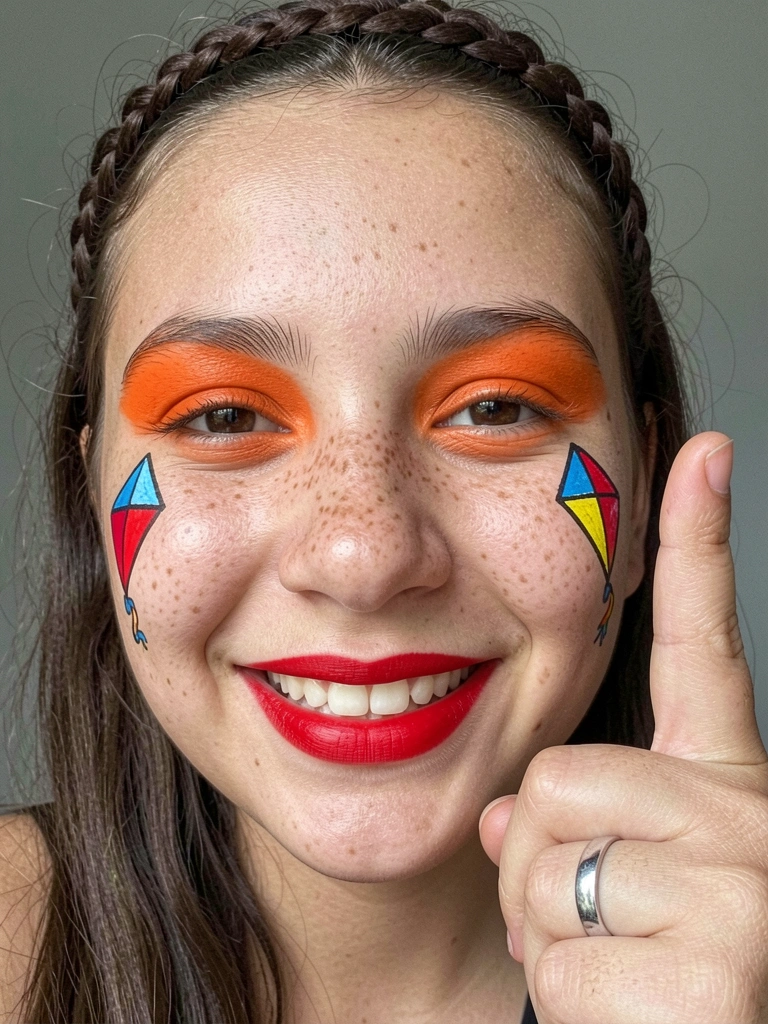 Criança com bandeirinha desenhada na bochecha usando tinta colorida.