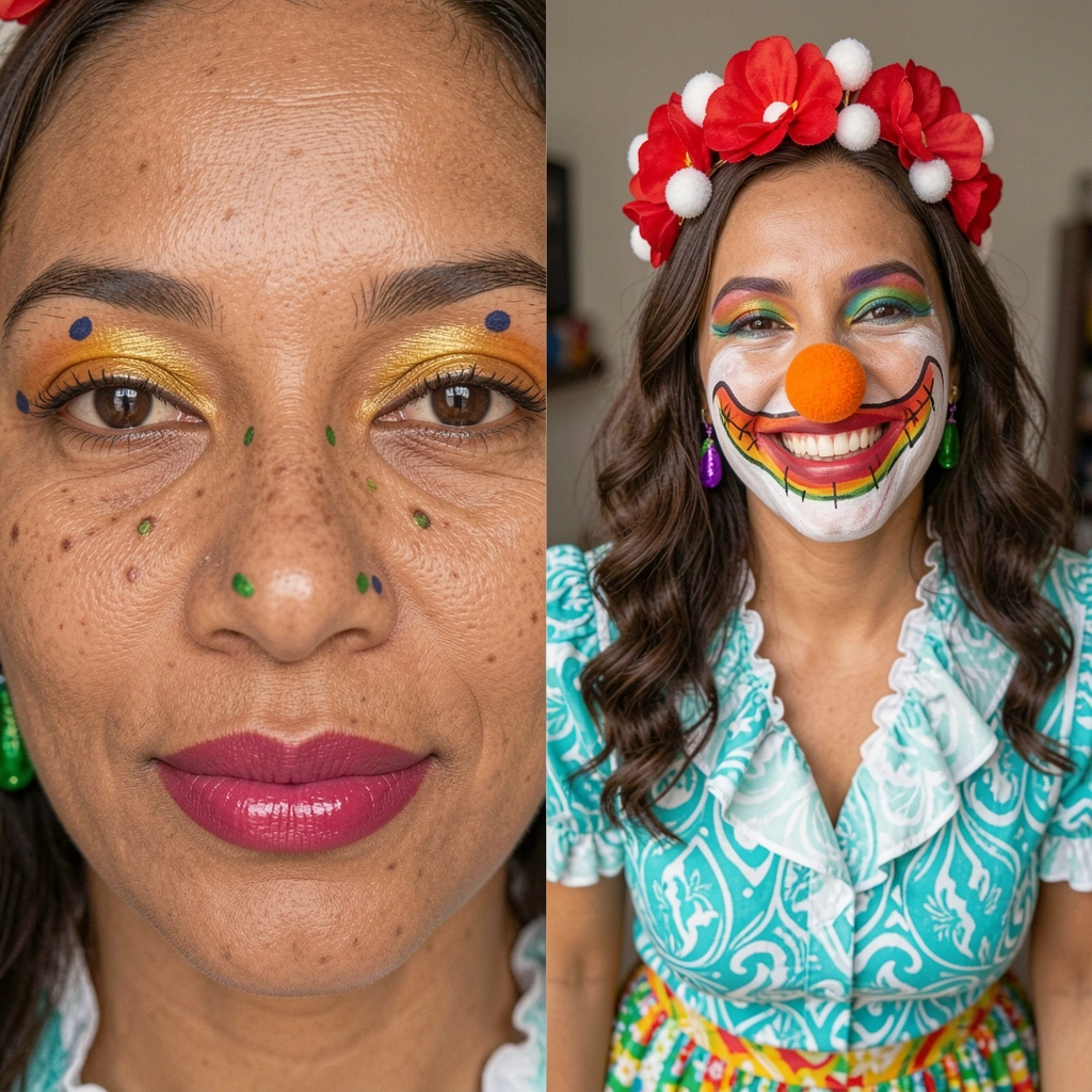 Mulher com bochechas rosadas, sardinhas no nariz, batom vermelho e vestido xadrez.