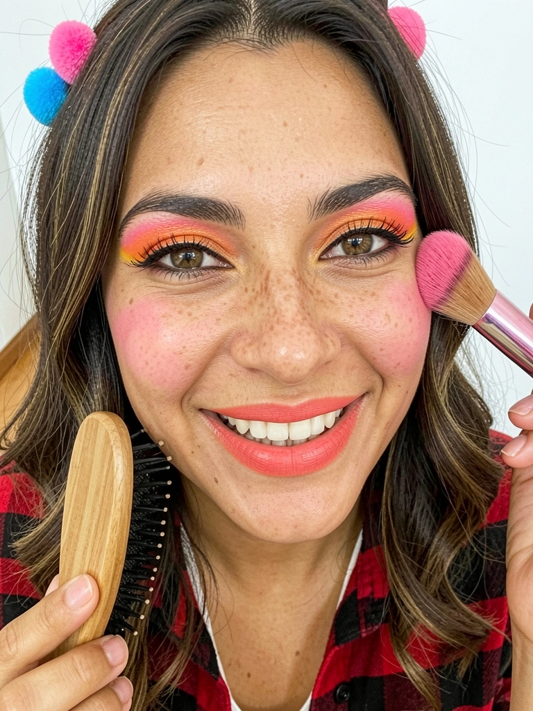 Close-up de bochecha com blush rosa intenso e pincel aplicando o produto.