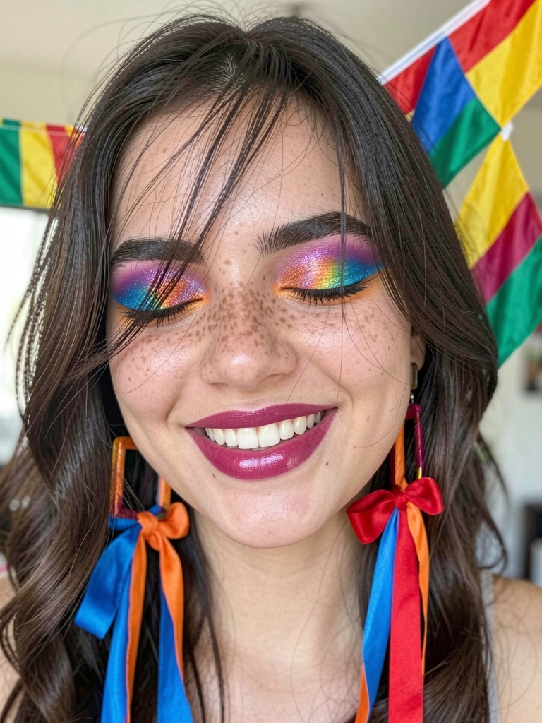 Olho com sombra degradê roxa e dourada e delineado gatinho colorido.