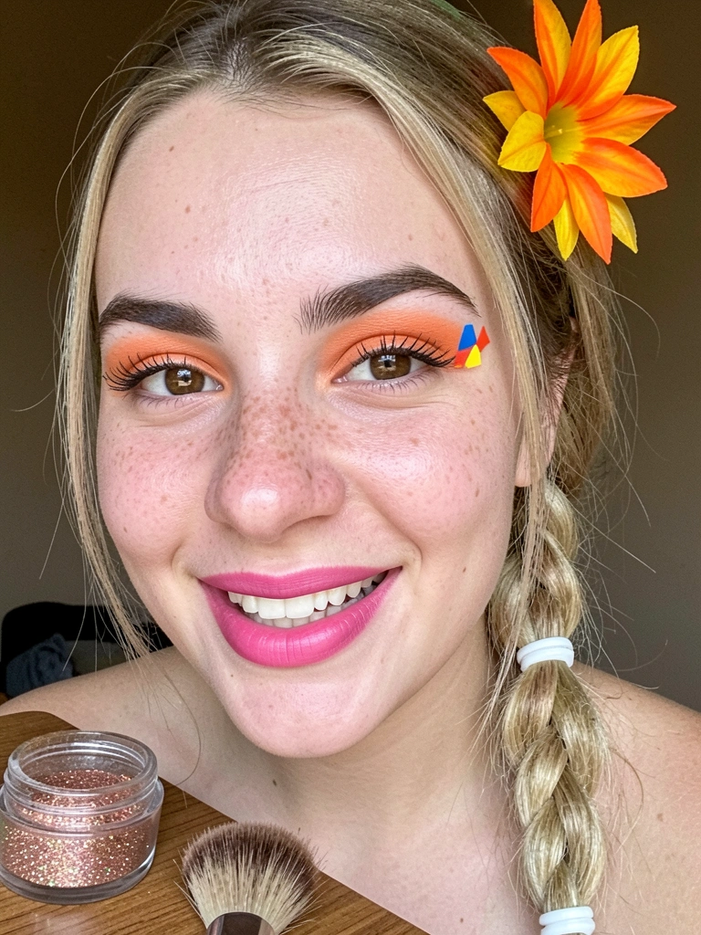 Pote de glitter cosmético e pincel leque sobre superfície clara.