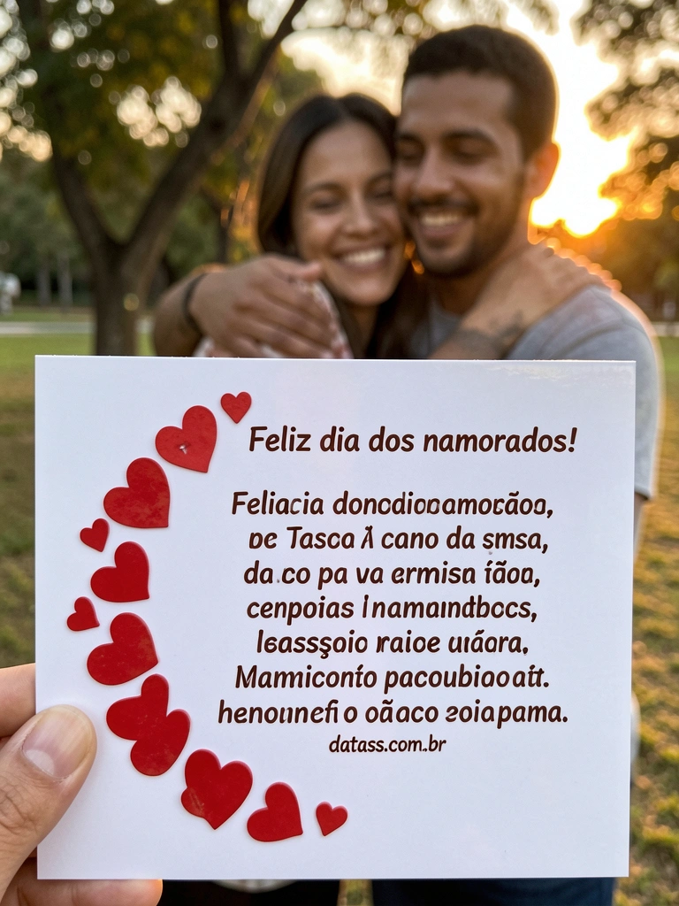 Casal abraçado em um parque ao pôr do sol, sorrindo.