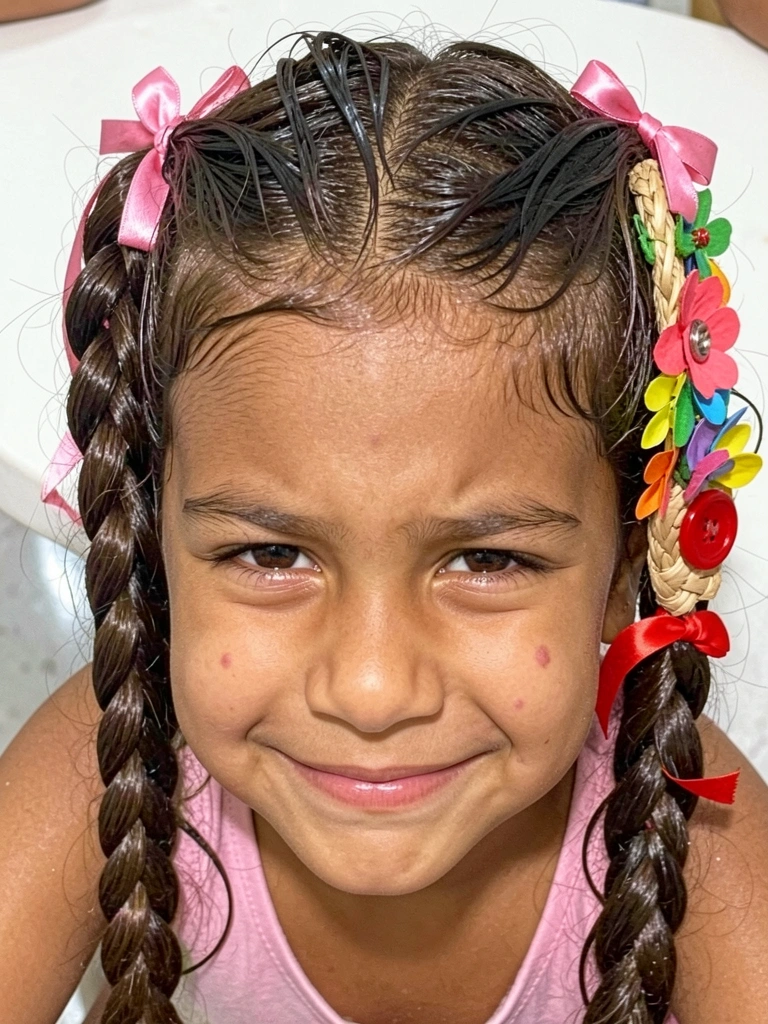 Mulher jovem com cabelo preso em maria-chiquinha, fitas de cetim vermelhas e amarelas entrelaçadas, sorrindo em festa junina.
