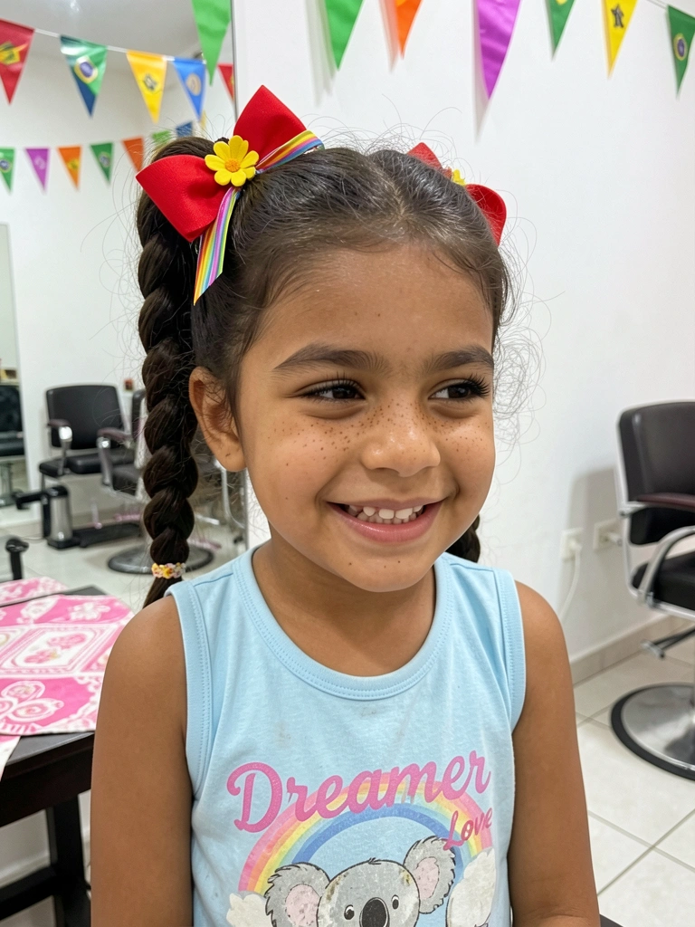 Menina com trança lateral grossa, penduricalhos de tererê e laço de chita, fundo de bandeirinhas coloridas.