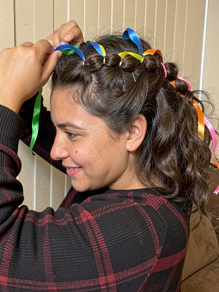 Mulher com cabelo preso em tranças boxeadoras duplas, prendendo com grampos invisíveis, expressão concentrada.