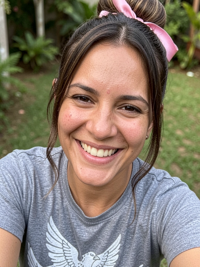 Mulher adulta com coque baixo e fios soltos, fita de cetim rosa amarrada, em uma festa.