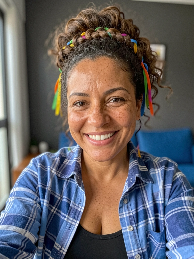 Mulher com cabelo cacheado volumoso e tiara de fitas coloridas sorrindo em ambiente junino.