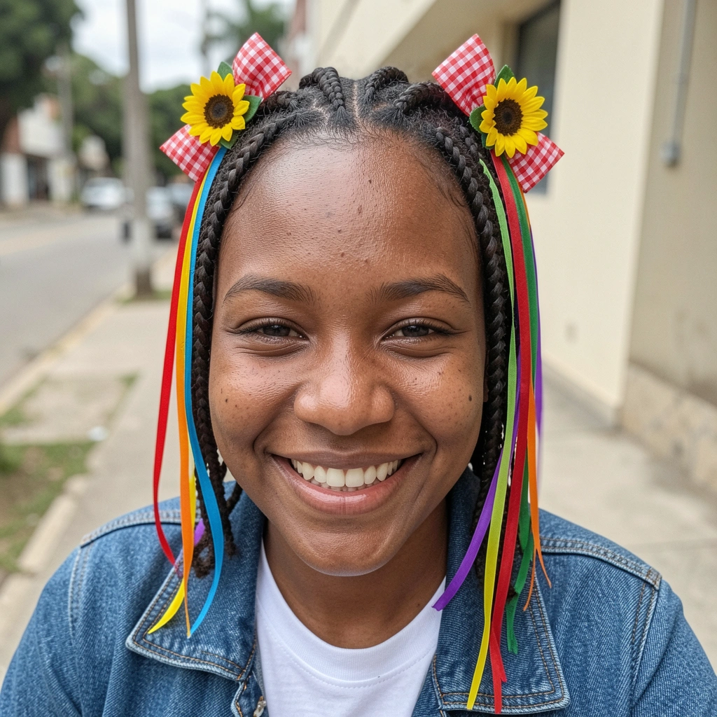 Mulher jovem com cabelo curto decorado com presilhas de flor e fita colorida.