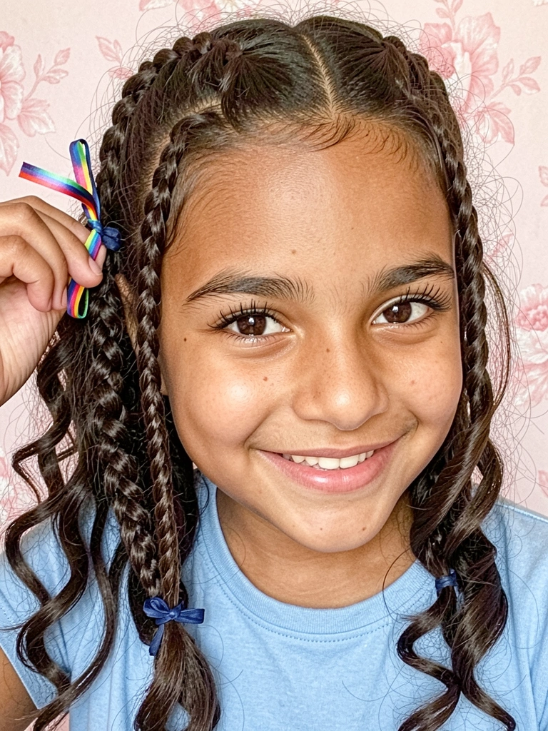 Close-up de mão feminina prendendo fita no cabelo com grampo invisível.