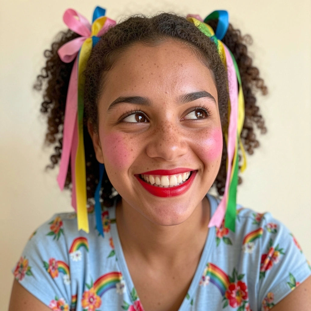 Mulher e criança com penteados maria-chiquinha com fitas, sorrindo juntas.