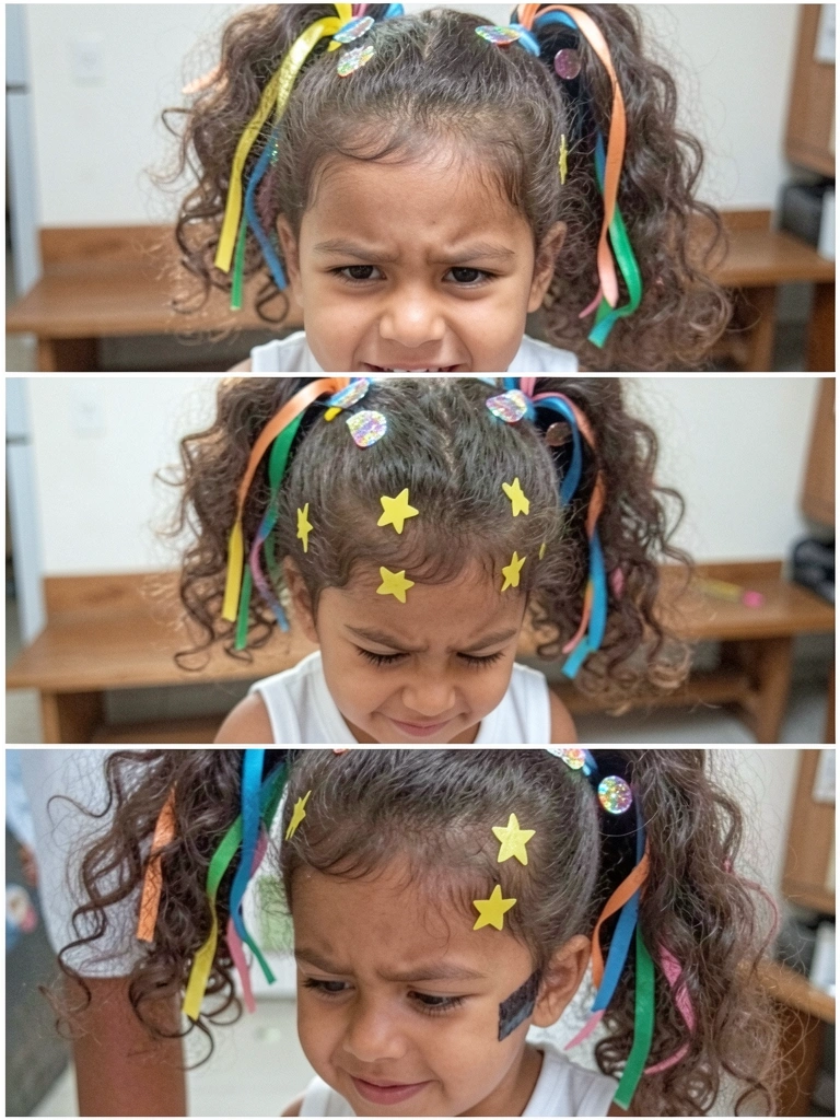 Jovem com cabelo solto decorado com stickers de estrela e fita adesiva colorida.