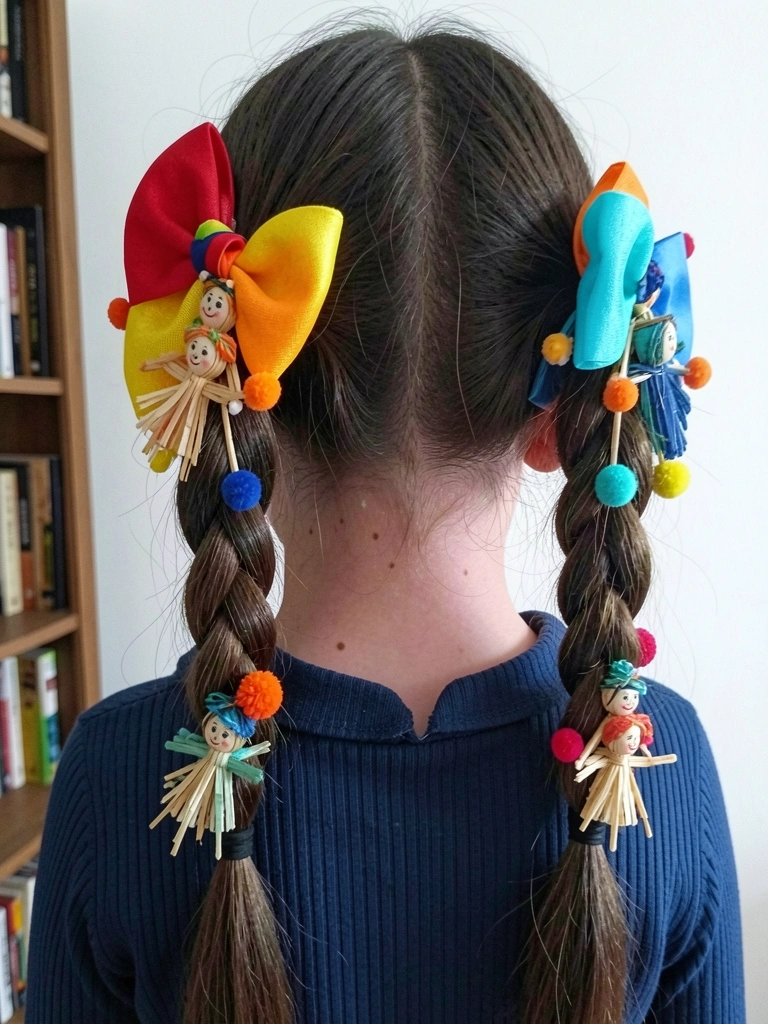 Penteado semi-preso com véu de chita estampado em fundo de igreja ao ar livre.