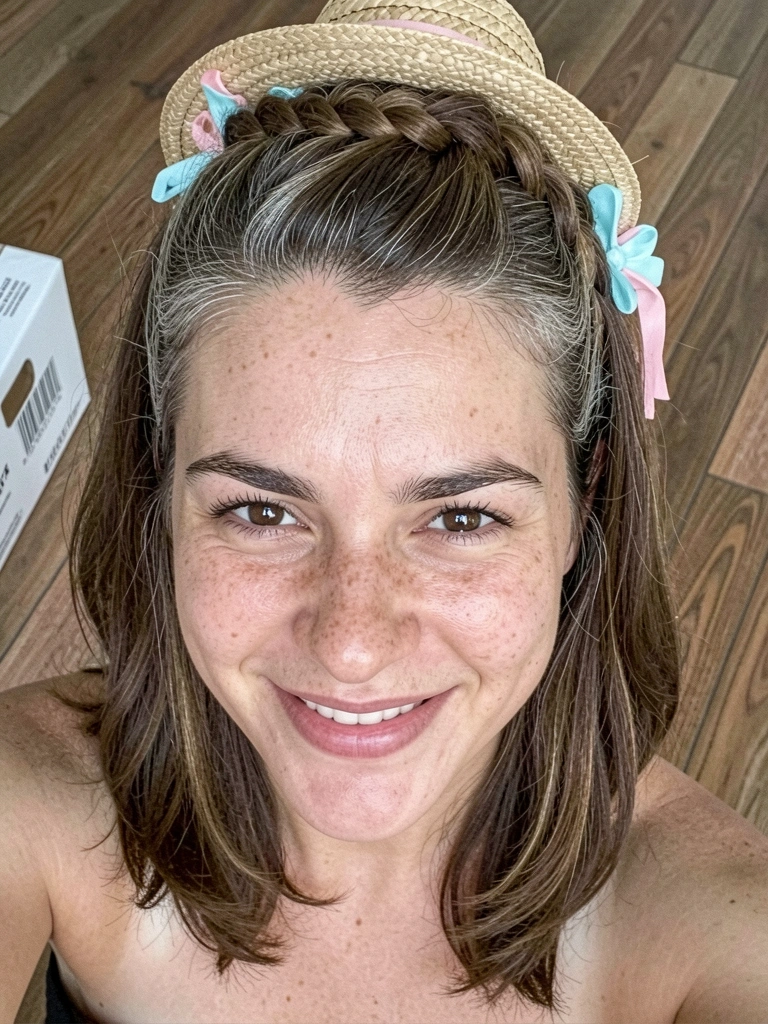 Bebê sorrindo com topete e tiara de fitas coloridas, fundo de barraquinha de festa junina.