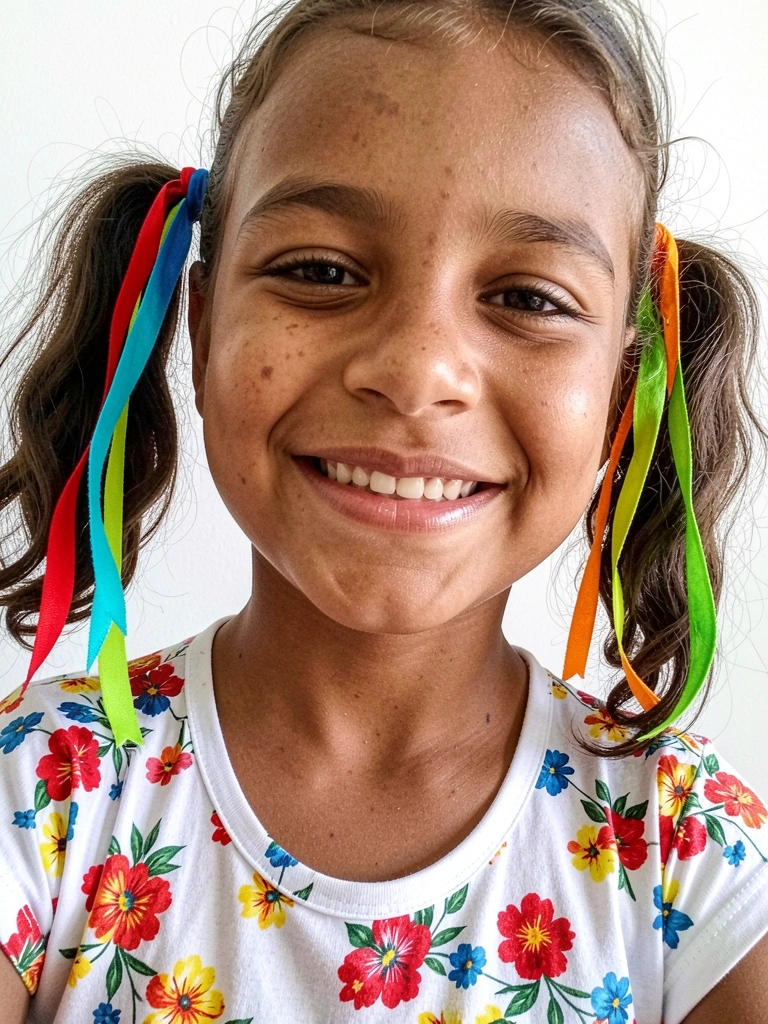 Criança com duas marias-chiquinhas presas com tererês coloridos.