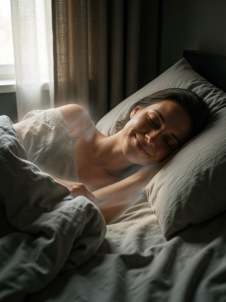 Mulher deitada na cama dormindo, com expressão serena, enquanto uma forma semi-transparente se desprende do corpo, em ambiente escuro com luz suave.