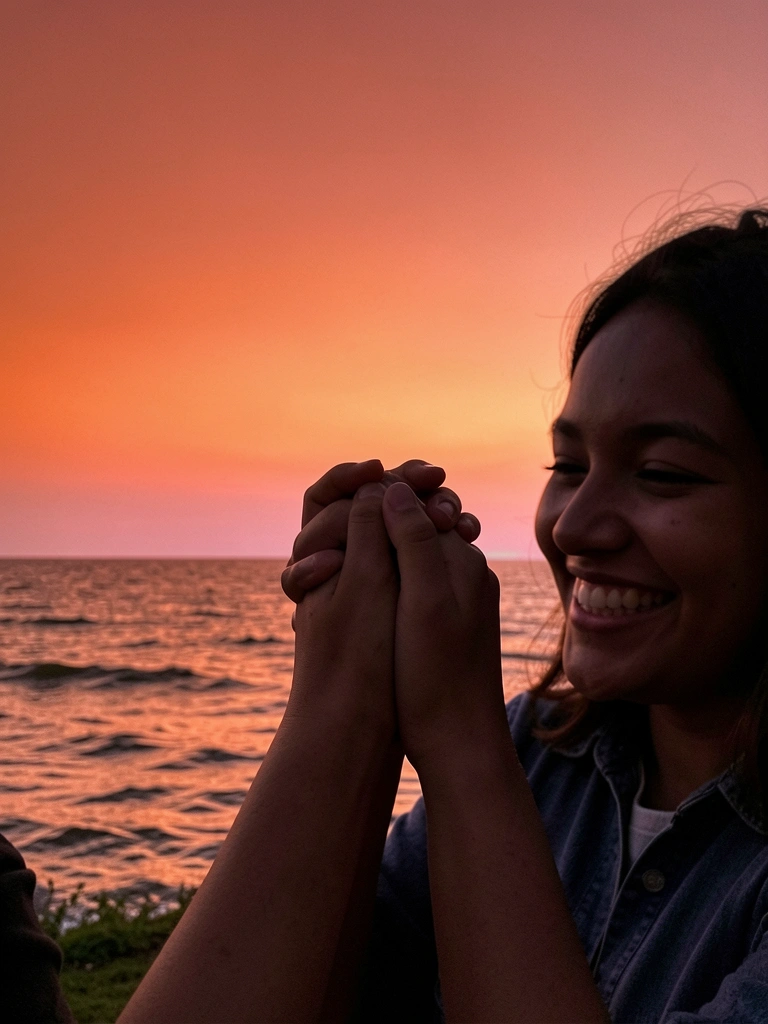 Casal abraçado em um parque, sorrindo sob a luz dourada do entardecer.